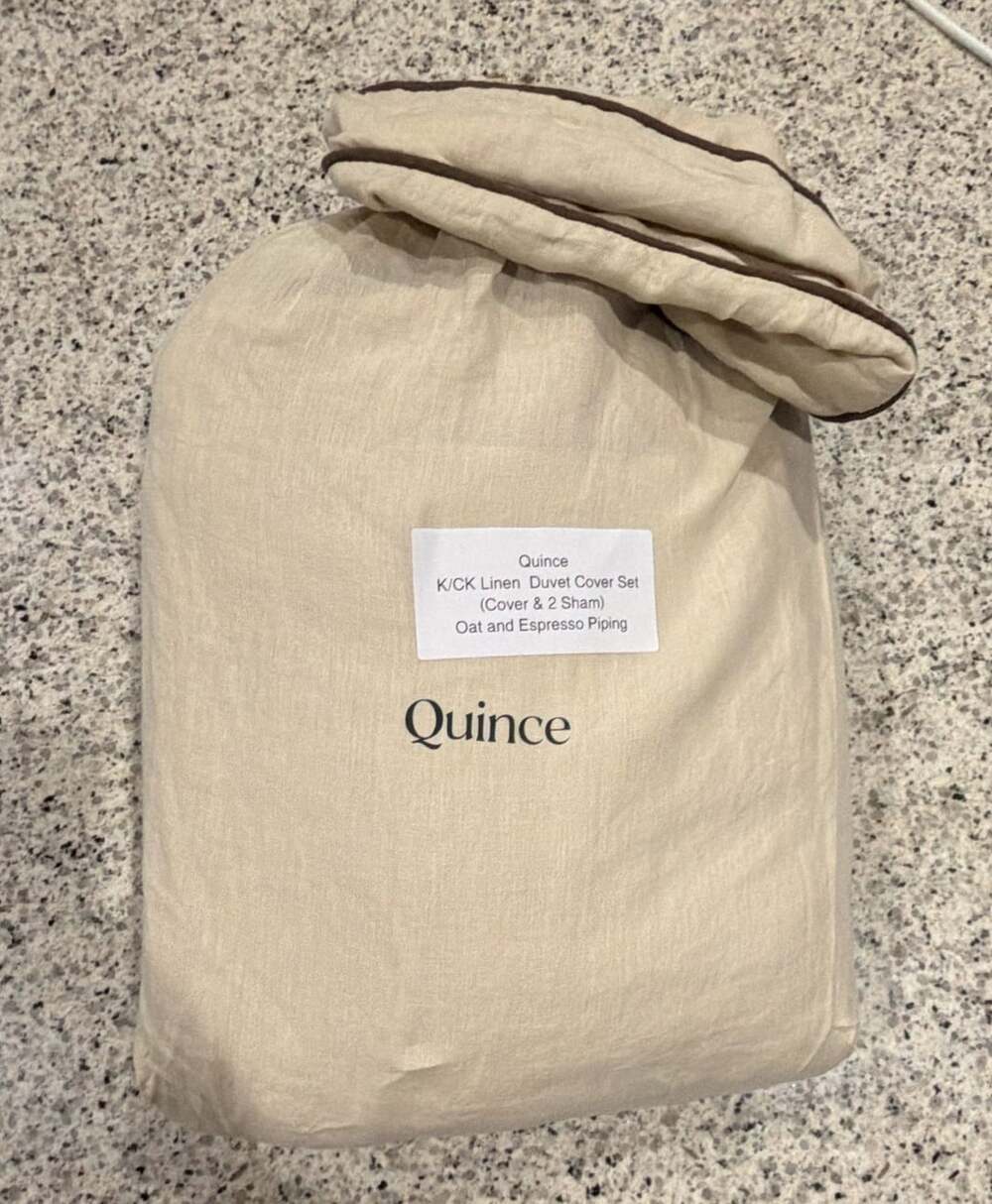 Quince K/CK Linen Duvet Cover Set in Oat and Espresso Piping